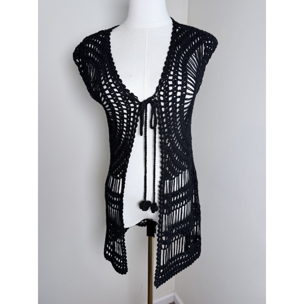 TOBI Black Crochet Vest XS S Open Knit Boho Festival Duster Cardigan Beach Cover